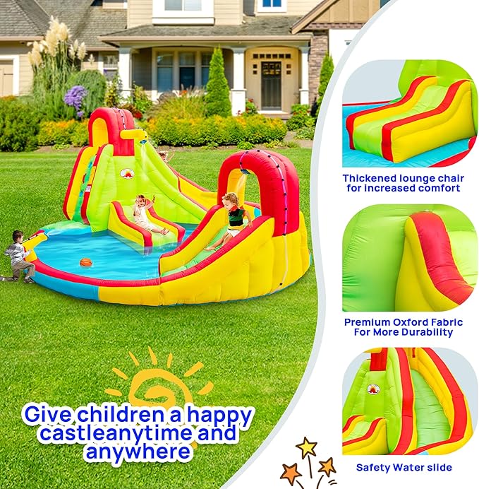 Heavy Inflatable Water Slide Park, Double Slide Climbing Wall Fountain for Outdoors, Equipped with Air Blower