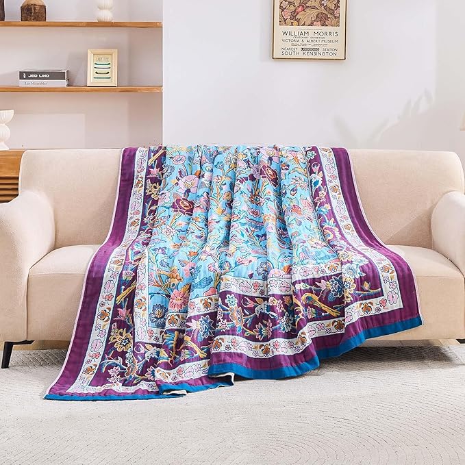 XIBLC Fall Blanket for Bed, 100% Cotton Soft Rustic Boho Throw Blanket Quilt, 90"x98" Farmhouse Decor Bed Flower Blankets, Light Weight Reversible Bohemian Throw Quilt