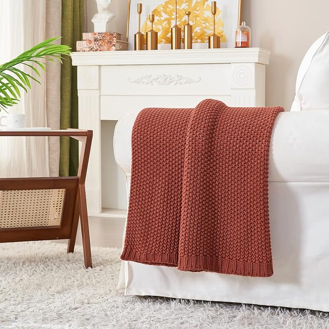 Chunky Cable Knit Throw Blanket Lightweight Rust 100% Organic Cotton Blanket for Sofa Couch Bed Baby Nursery, Rustic Shabby Chic Modern Farmhouse, 51” x 63” Give Laundering Bag