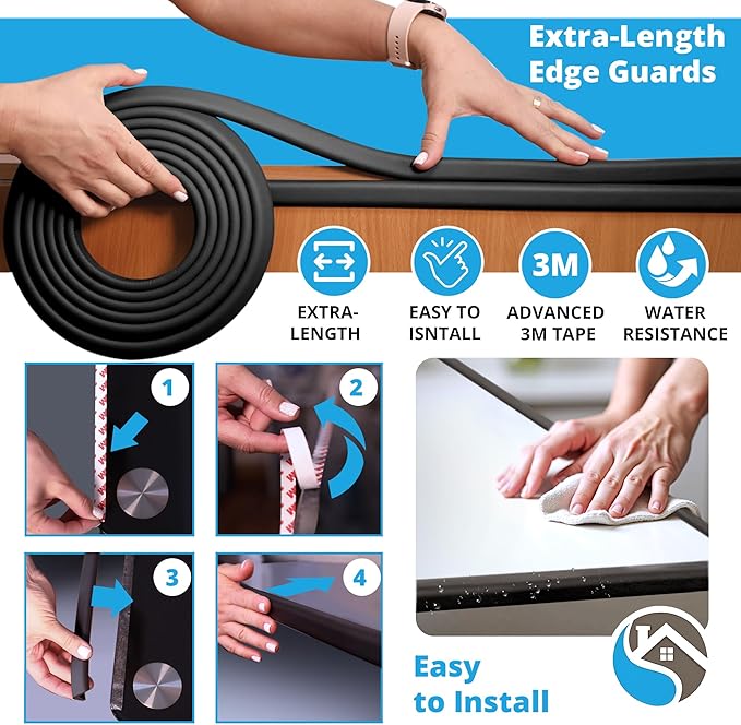 Premium 12ft Edge Protector for Baby, Odorless & Waterproof Foam Cushion with 3M Adhesive Tape, Non-Toxic to Baby Proof Corners and Edges, Wall Corner Protector & Desk Edge Cushion Black
