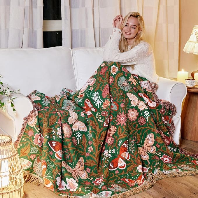 LUTBM Boho Throw Blanket for Couch 50"x60", Cotton Decorative Bed Throws | Green Reversible Floral Butterflies Jacquard, All-Season Lightweight Blankets, For Chair Sofa Bedroom Living Room