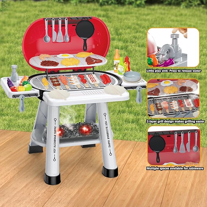 Kitchen Toy Set, Kids Grill Playset with Play Sink, Indoor Outdoor Interactive BBQ Grill Play with Smoke, Sound & Light, Pretend Cutting Food for Toddlers, Christmas Birthday Gift for Boys and Girls