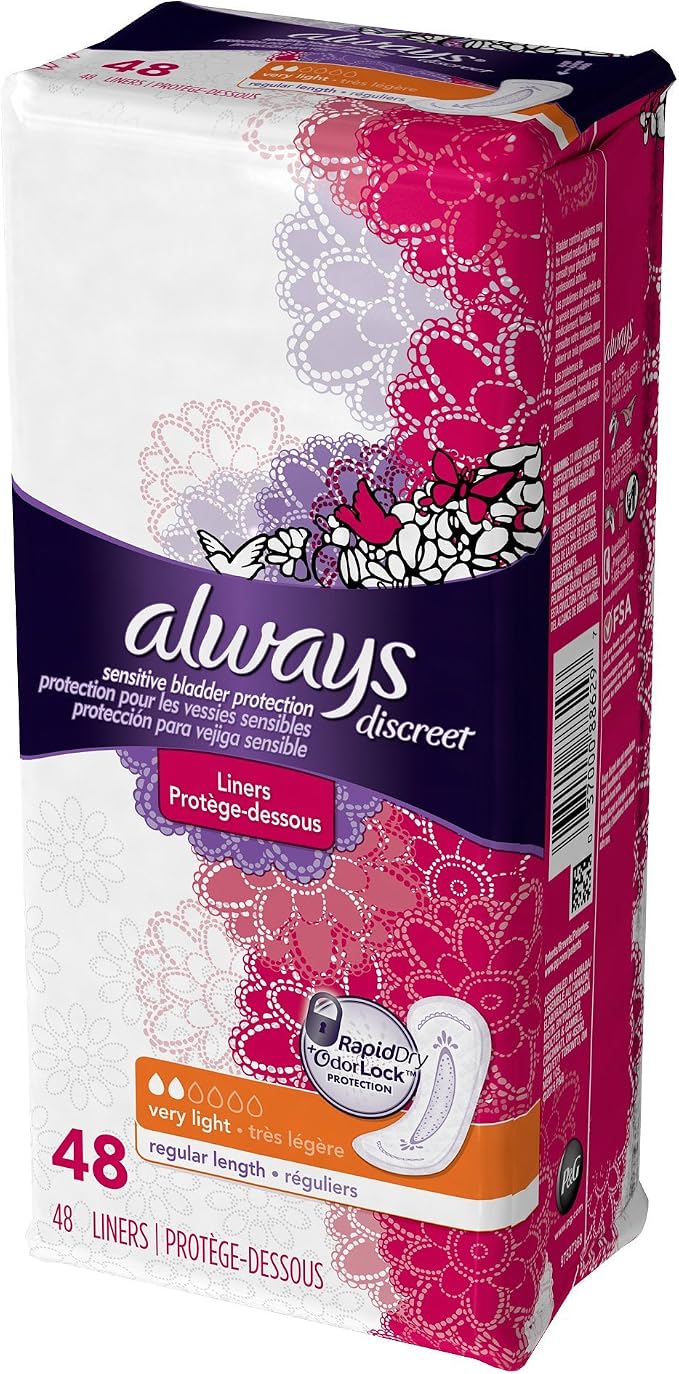 Always Discreet Incontinence Liners for Women, Very Light Absorbency, Regular Length , 144 count