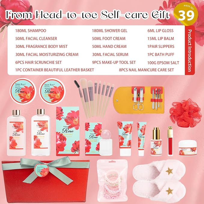 35Pcs Spa Kit Gift for Women, Sandalwood Red Rose Bath and Body Basket Gift | Face Skin Care Kit, Home Spa Self Care, Lip Gloss, Birthday, Christmas, Mother, Bridal Shower, Anniversary for Mom Pamper Kit