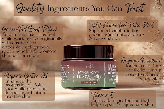 Poke Root Tallow Balm with Castor Oil - Organic Lymphatic Support Salve - Natural Healing Ointment for Cysts - Handmade in The USA