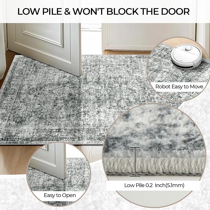 CAPALOCA Square 5ft Washable Nursery Girls Low Pile Area Rug Grey | Non-Slip Soft Rugs for Bedroom Kids Playroom Living Room, Print Pattern Water Repellent Carpet Indoor Decor