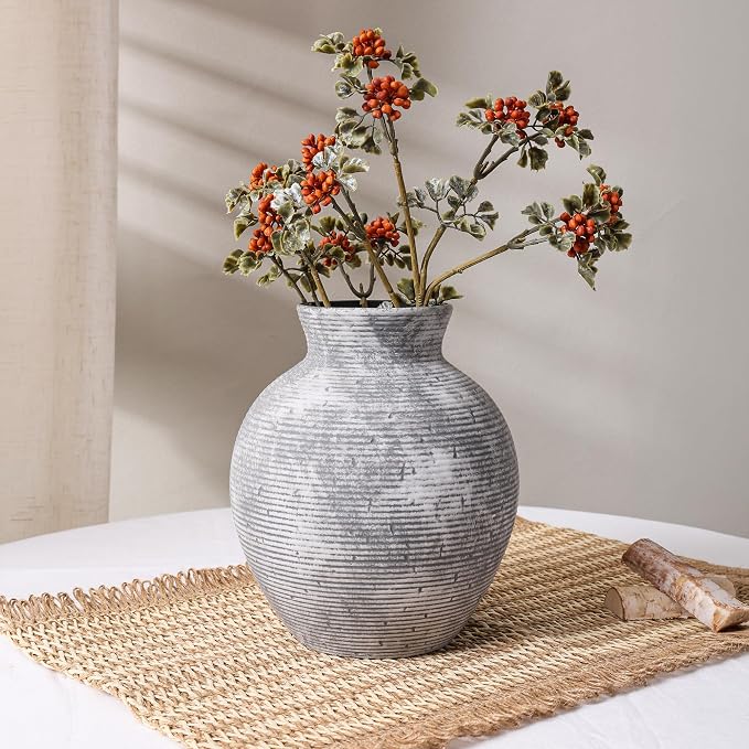 Ceramic Flower Vase Home Decor, 7.4 in Farmhouse Table Vases Retro Vintage Living Room Kitchen Bedroom Decoration Pottery Decorative Vases for Flowers House Shelf Office Desk Dining Entryway, Grey