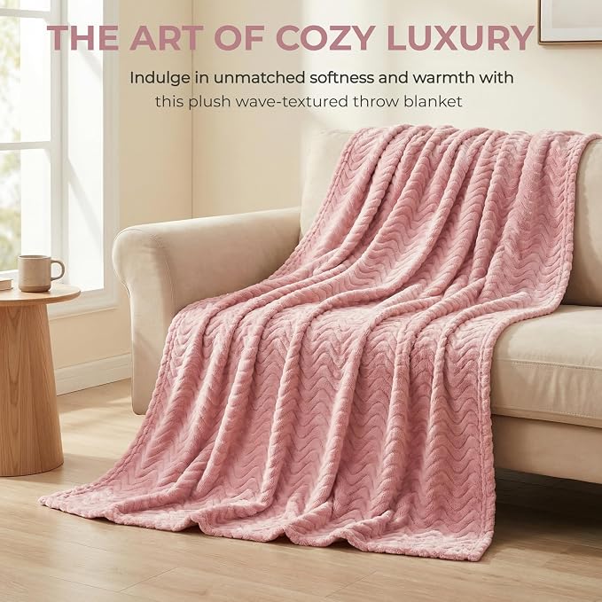 Exclusivo Mezcla Soft Fleece Blanket King Size for Bed, Sofa, Pink | 90"x104" Breathable Lightweight Flannel Blanket for Summer, Plush Cozy Jacquard Wave for Home Decor