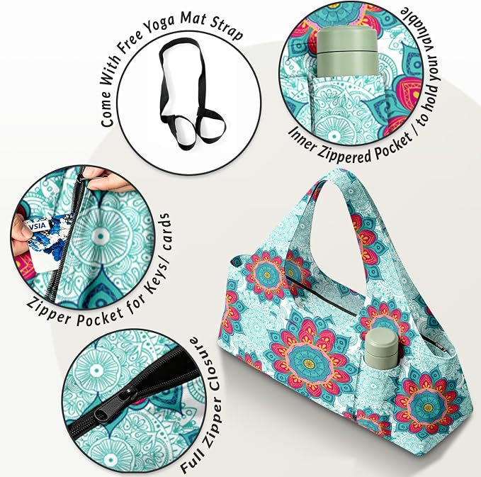 Women's Yoga Bag with Yoga Mat Carrier - Large Mat Pocket Fitness Tote for Pilates, Gym, Travel, Office & Beach