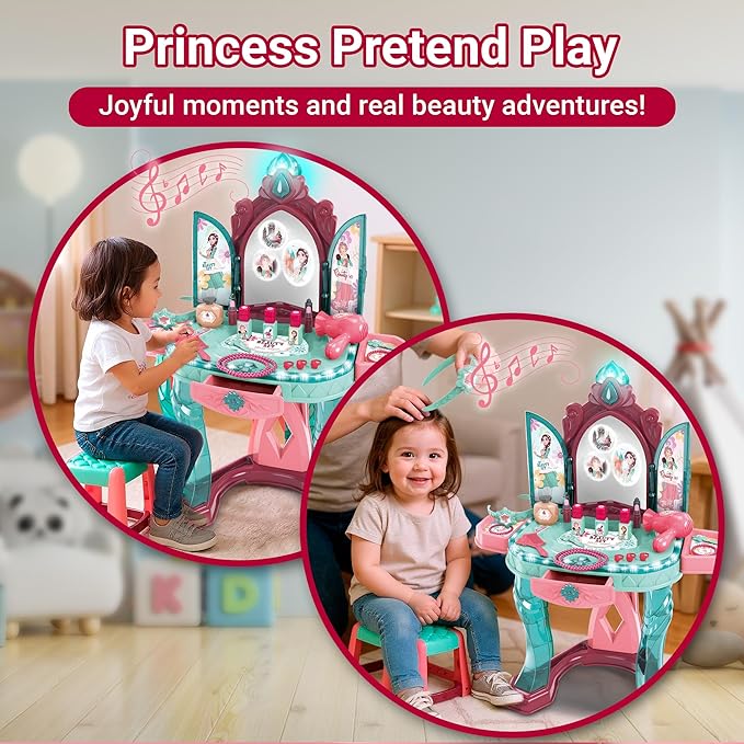 OLEOCA Toddler Vanity Table for Girls — Princess Makeup Playset with Light & Sound Mirror, Magic Sensor, Stool & Accessories, Pretend Beauty Toy for Ages 3+