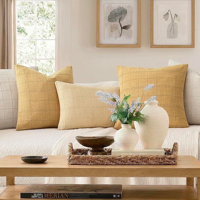Foindtower Set of 2 Decorative Linen Check Throw Pillow Covers Neutral Farmhouse Vintage Cushion Covers Modern Boho Accent Home Decor for Sofa Chair Couch Bedroom Living Room,26×26 Inch,Amber Gold