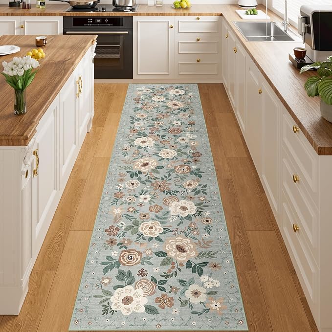 DUKINO 2x10 Runner Rug, Washable Kitchen Runner Rug Non Slip, Sage Green | Soft, Low Pile, Stain Resistant Indoor Rug Runner for Hallway, Entryway, Bedroom, Bathroom, Laundry, Pet Friendly, Home Decor