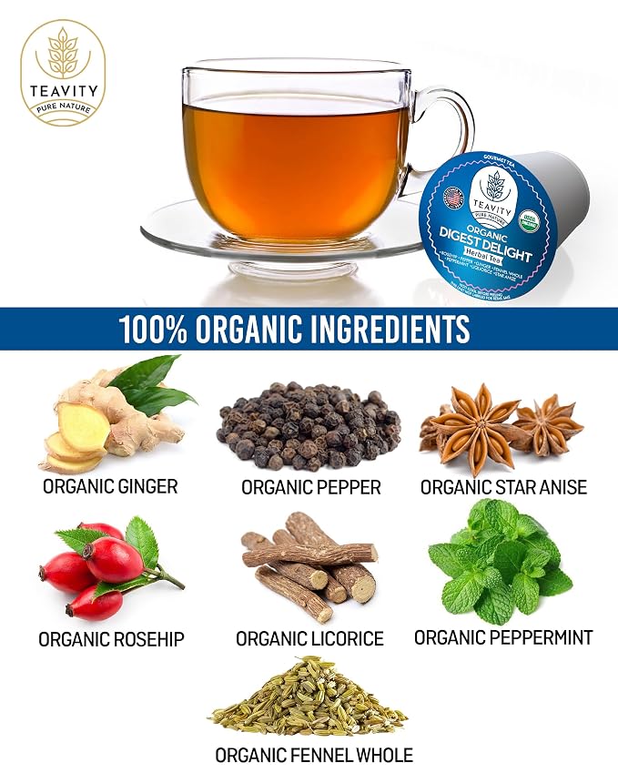 Organic Tea Pods with Ginger, Peppermint, Fennel, Licorice, & Rosehip Digest Delight by Teavity (12 Tea Pods)