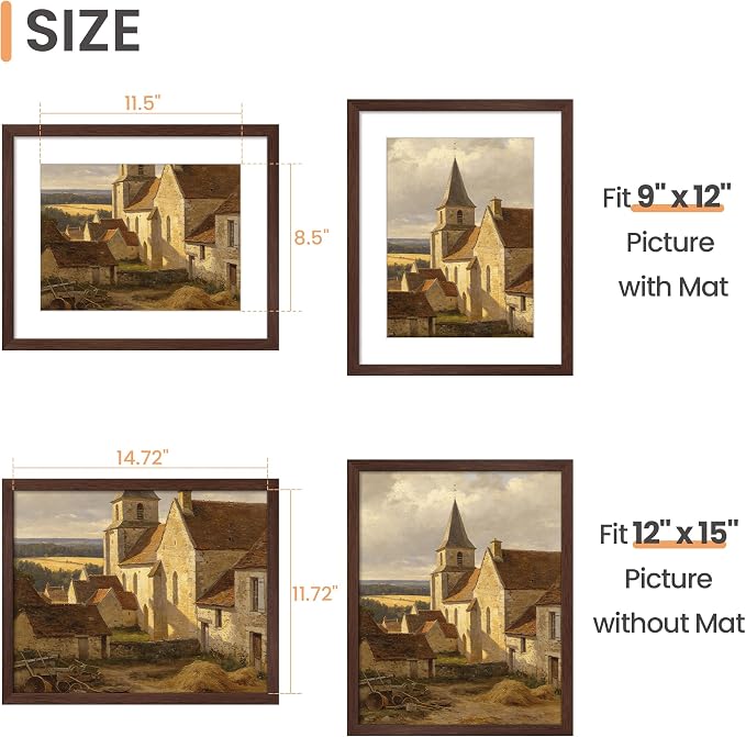 upsimples 12 x 15 Frame, Display Pictures 9x12 with Mat or 12x15 Without, Wall Hanging Photo Frame, Brown, 1 Pack
