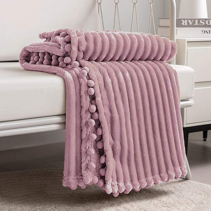 DISSA Fleece Blanket Throw Size – 51x63, Pink – Soft, Plush, Fluffy, Fuzzy, Warm, Cozy – Perfect Throw for Couch, Bed, Sofa - with Pompom Fringe - Flannel Blanket Throw Blanket