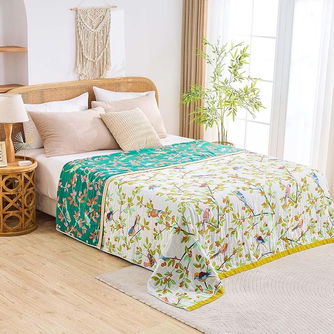 XIBLC Boho Throw Blanket for Bed, 100% Cotton Soft Rustic Quilt Fall Blanket, 80"x90" Floral Printed Farmhouse Decor Bed Blankets, All Season Rustic Reversible Bohemian Throw Quilt