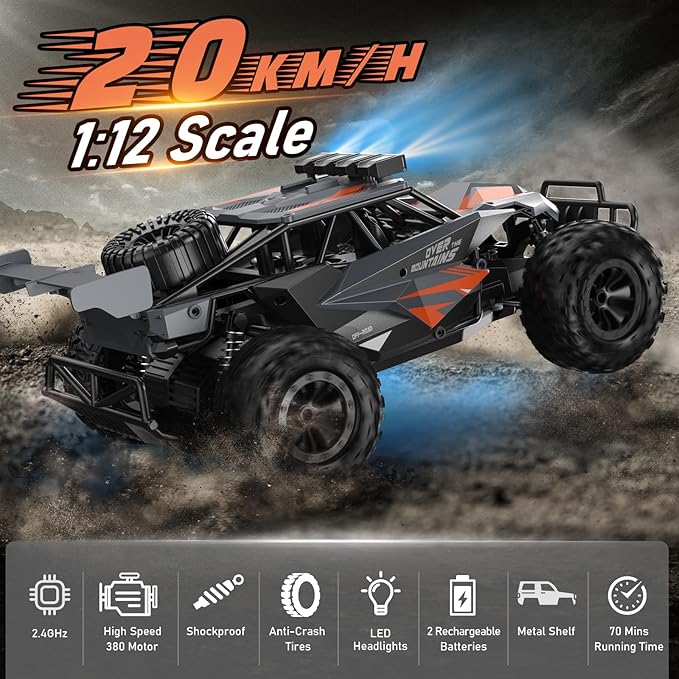 kolegend Remote Control Car for Boys, 2.4GZh RC Cars, 1:12 Monster RC Truck Off Road with LED Headlight and Rechargeable Battery Gifts for Adults Boys 8-12