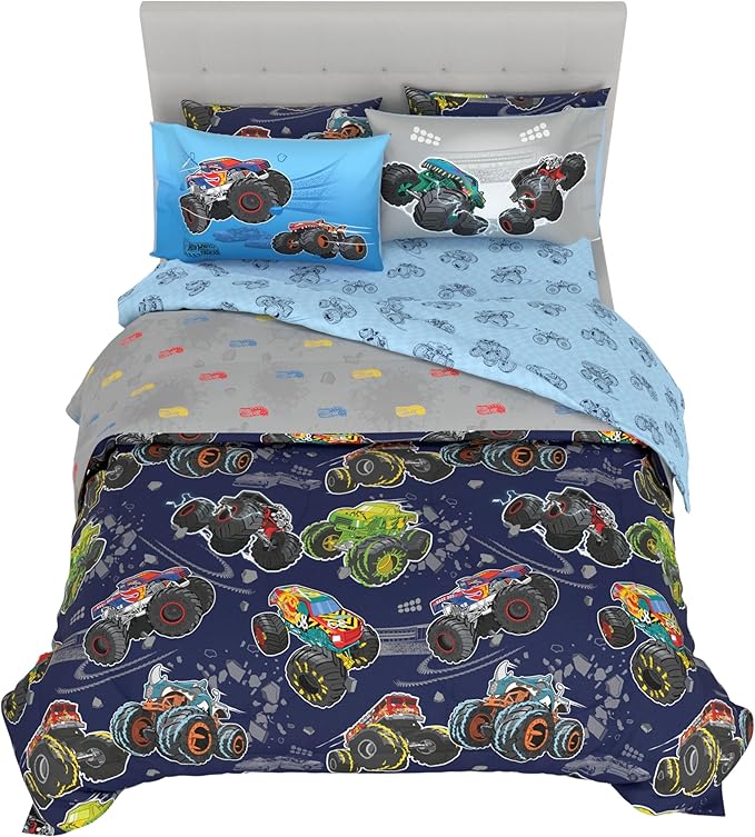 Monster Trucks x Hot Wheels Bedding Set, Full Size 7 Piece Set Kids Super Soft Cozy Reversible Comforter and Sheet Set with Sham, (100% Officially Licensed Product) by Franco