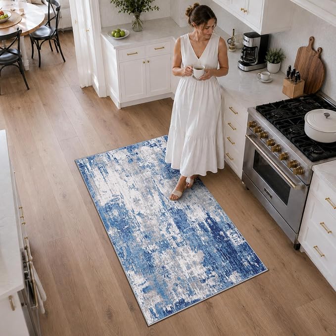 RELEANY Washable 3'x5' Abstract Area Rug for Living Room Blue Gray | carpet for bedroom, kitchen, office, hallway and entryway, printed pattern, non-slip, soft, stain-resistant, easy to clean