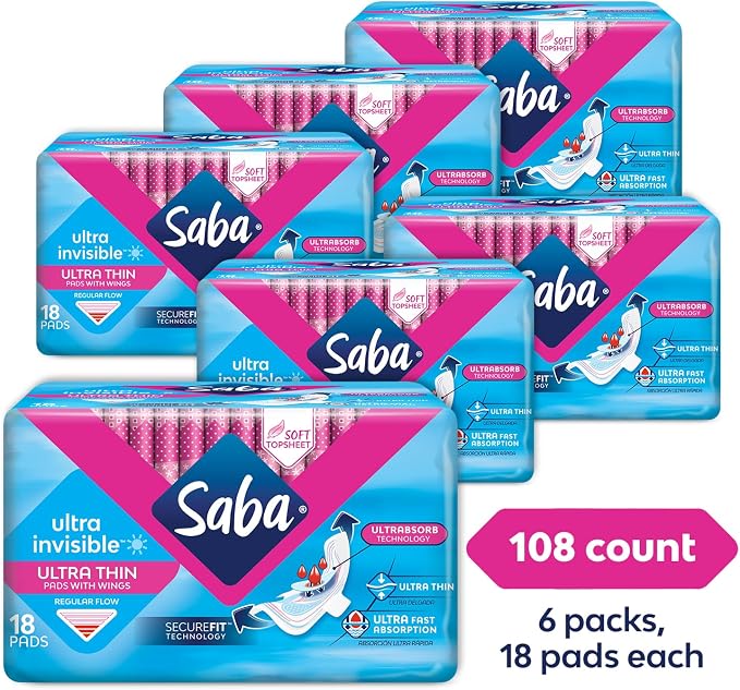 Saba Ultra Invisible Ultra Thin Regular Flow Pads with Wings and SecureFit Technology, 6-Pack of 18 Pads (108 Count)