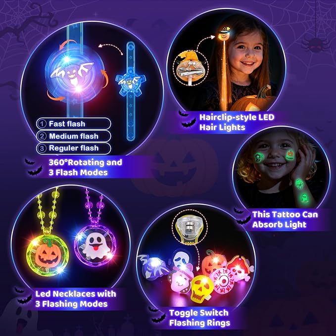 Halloween Party Favors for Kids, 72 Light Up Rings Necklaces Temporary Tattoos Rotating Bracelets Hair Lights, Halloween Trick or Treat Toys Gifts, Goodie Bag Stuffers, Halloween Toys Prizes Bulk