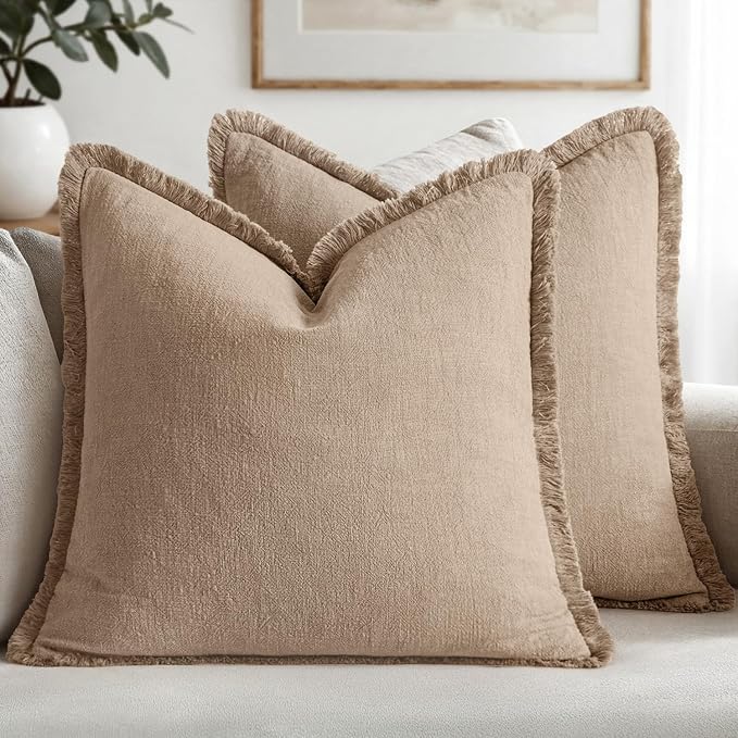 MIULEE Boho Linen Fringe Decorative Throw Pillow Covers Camel 18x18 | Set of 2, Cottagecore Decor, Boho Farmhouse Neutral Pillow Covers, Rustic Couch Cushion Cases for Sofa Bed Living Room