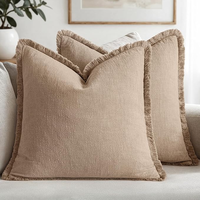 MIULEE Boho Linen Fringe Decorative Euro Throw Pillow Covers Camel 26x26 | Set of 2, Cottagecore Decor, Boho Farmhouse Neutral Pillow Covers, Rustic Couch Cushion Cases for Sofa Bed Living Room