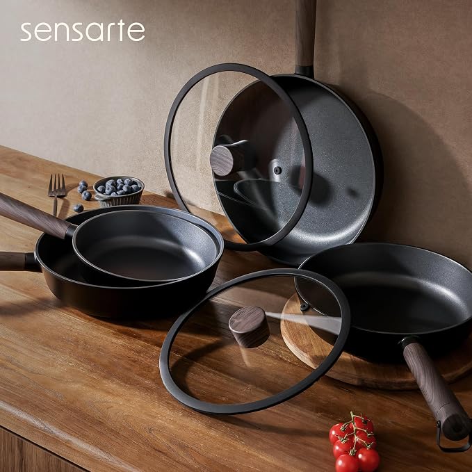 SENSARTE 8" Non Stick Frying Pans Skillet with Lid, PFOA/PFOS Free | Non Toxic Healthy Chef's Pan for Eggs, Works as Small Wok for Cooking, Kitchen & Home Essentials, Induction Compatible, Black