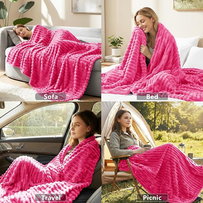 HIMEET Hot Pink Queen Blanket for Bed, 300GSM Ribbed Fleece, 90 x 90 in | Ultra Soft Flannel, All-Season Lightweight Warmth, Cozy Bed Coverage & Bedroom Decor, Gift for Men & Women, Machine Washable