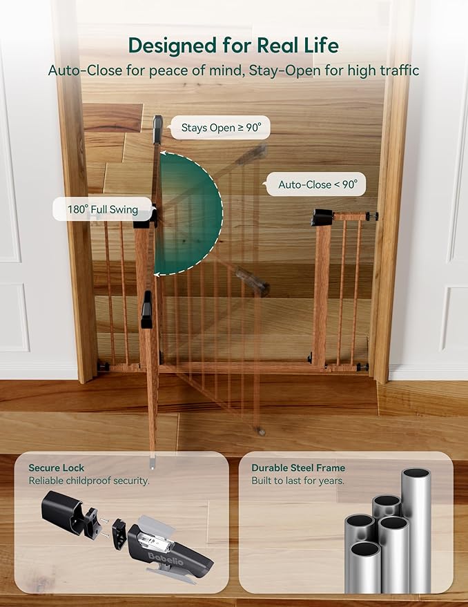 Babelio Metal Auto Close Baby Gate PressGuard P7, 29"-55" Wide Extra Wide Pet Gate for The House and Doorways, Pressure Mounted Walk Thru Child Gate with Door, Brown Wood Pattern