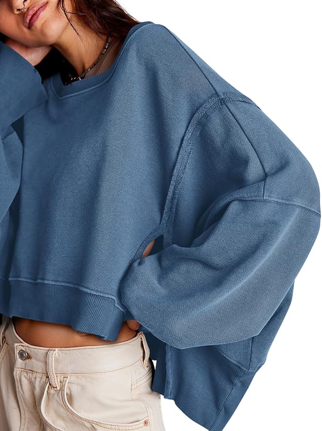 Zwurew Womens Casual Sweatshirt Cropped Shirts | Loose Fit, Tee Top, Pullover, Crop Hem, Design Trim, Daily Tops