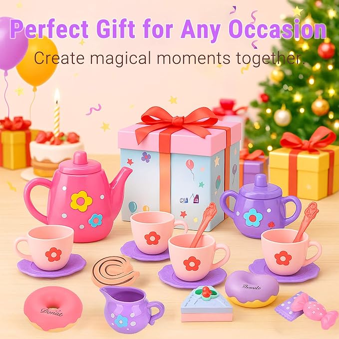 Lajeje Toddler Tea Party Set for Girls Ages 3-5, 23-Piece Pretend Play Tea Set for Kids with Teapot, Cups, Plates & Desserts, Perfect Size for Little Hands, Birthday for Girls