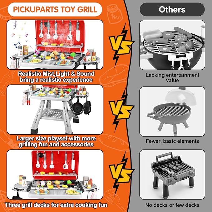 2025 Kids Kitchen Playset Toy Grill BBQ with Smoke Light Outside Pretend Play Food Toys Cooking Set 2-Layer Barbecue Gifts for Toddler Boys Girls 3-5 6 7 8