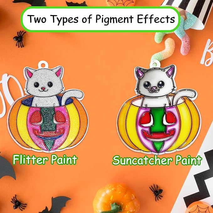 Ayhuhra 30 Sets Halloween Suncatcher Keychains Craft DIY Window Paint Art Suncatchers Witch Pumpkin Bat Cat Ghost Trick or Treat Sun Catchers for Halloween Activities Art Project