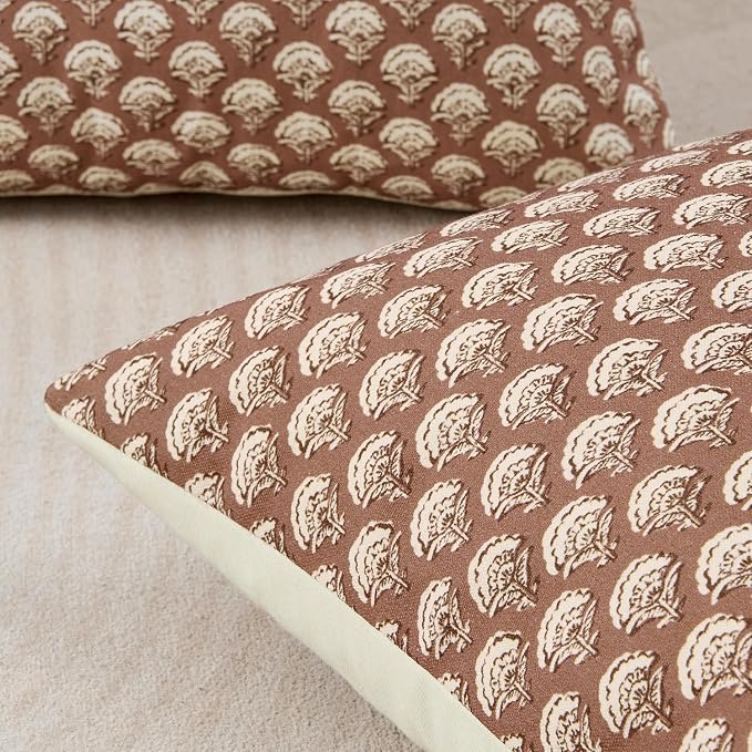 MIULEE Floral Print Decorative Pillow Covers 20x20, Almond | Vintage Boho Farmhouse Modern Home Decor, Set of 2, Block Print Cushion Covers for Couch Sofa Bed Living Room