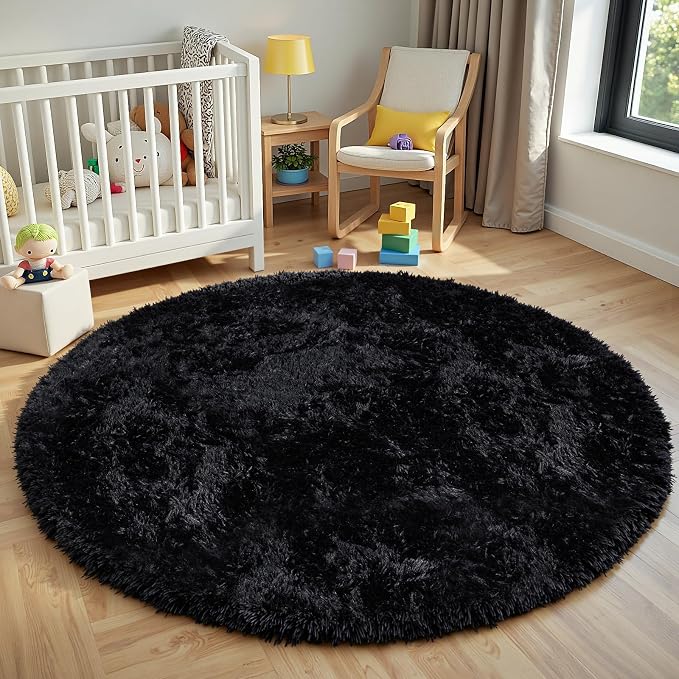 Black Round Fluffy Rug 5ft Plush Fuzzy Shaggy Carpet,Soft Rugs for Living Room for Nursery,Preppy Dorm,Classroom,Playroom,Teen,Baby Home Decor (Black 5"x5")