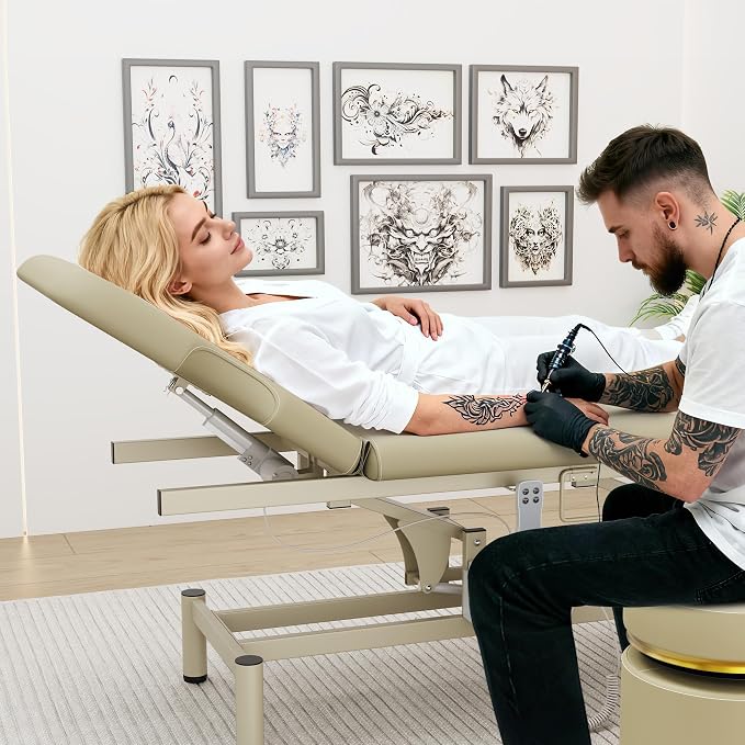 Professional Electric Massage Table, 2 Motors Hydraulic Electric Lift Adjustable Backrest and Height Lifting Functions for Treatment/Physical Therapy/Spinal Massage/Facial Spa/Waxing - Beige Gray