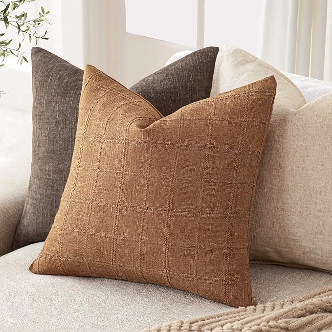 Foindtower Set of 2 Decorative Linen Check Throw Pillow Covers Neutral Farmhouse Vintage Cushion Covers Modern Boho Home Decor for Sofa Chair Couch Bedroom Living Room,22×22 Inch,Brick