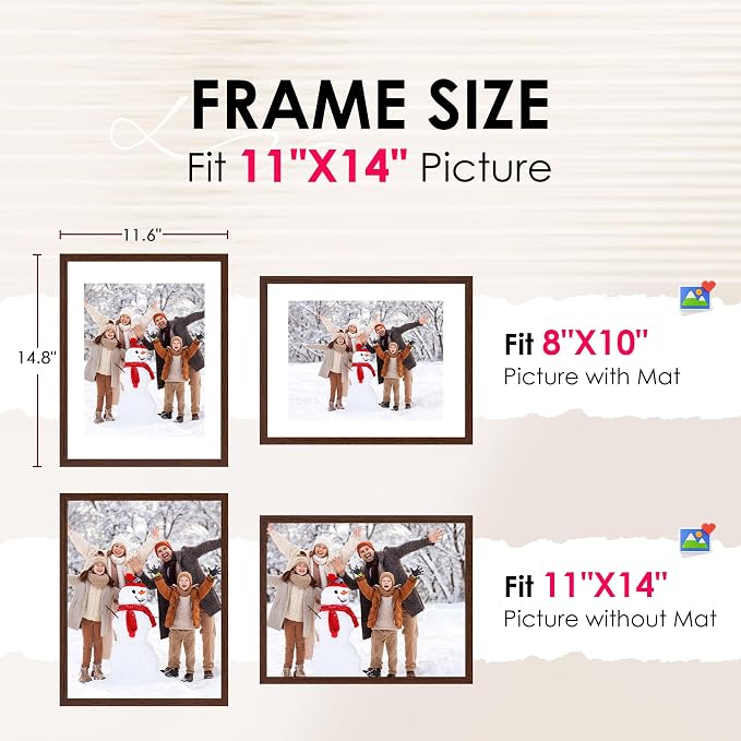 11x14 Picture Frame Set of 2, Photo Frame with HD Plexiglass, Display Pictures 8x10 with Mat or 11x14 Without Mat, Brown Picture Frames Collage Wall Decor, Gallery Wall Frame