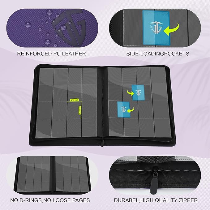 16 Pockets Trading Card Zipper Binder for 1000+ Cards| Secure Side Loading Pockets | Trading Card Album Folder | Compatible with YuGiOh, MTG,Sports Cards (Purple 16)
