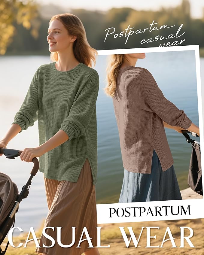 3 Pack Women's Maternity Shirts Long Sleeve Waffle Knit Side Split Oversized Tops Pregnancy Clothes Fall Tees