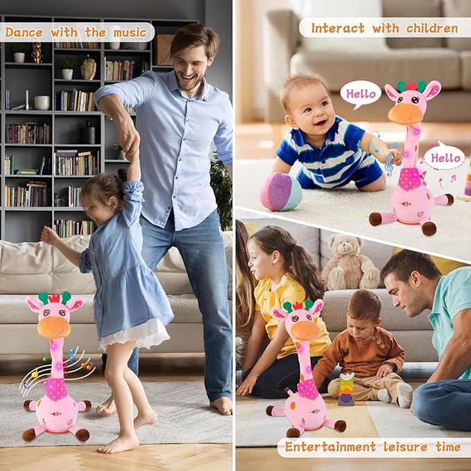 LUKETURE Dancing Talking Singing Pink Giraffe Toy Stuffed Plush, Interactive Stuffed Animal Toy, Musical Giraffe Plush with Record & Repeat, Sings 10 Songs, LED Lights