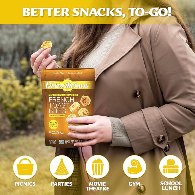 Drizzilicious Mini Flavored Rice Cakes French Toast - Rice Crisps, Healthy Snack for Adults and Kids, Vegan, Gluten Free Snack, Allergen Free, Only 90 Calories Per Bag - .74 oz (Pack of 20)
