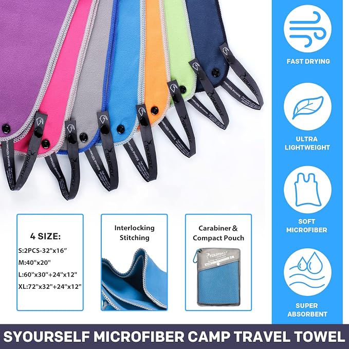 SYOURSELF 2 Pack Microfiber Camping Towel, Quick Dry Towel, Soft Absorbent Compact Travel Gym Workout Sweat Towel for Beach Yoga Swim Travel Camping Hiking Backpack Essentials (S:32"x16")