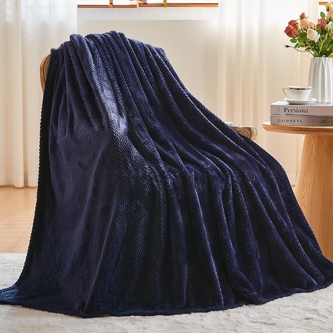 NEWCOSPLAY Fleece Leaves Pattern King Blanket, Dark Navy, 90"x110" | Super Soft Throw Blanket, Lightweight Cozy Bed Sofa Blanket, Premium Silky Flannel Fleece, Travel Blanket for All Season Use