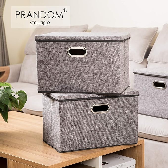 Large Collapsible Storage Containers with Lids [5-Pack] Linen Fabric Foldable Storage Bins Boxes Organizer Baskets Cube with Cover for Home Bedroom Closet Office Nursery (17.7x11.8x11.8)