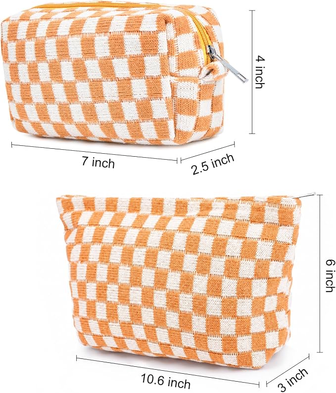 SOIDRAM 2 Pieces Makeup Bag Large Checkered Cosmetic Bag Capacity Canvas Mix Travel Toiletry Bag Organizer Cute Makeup Brushes Aesthetic Accessories Storage Bag for Women, Yellow checkered