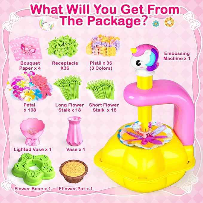 DIY Arts and Crafts for Kids Flower Toys with Lighted vase, Upgraded Unicornous Design Fabric Bouquet Craft Kits for Kids Toys for Toddler Girls Christmas Birthday Gifts for 3 5 6 7 8 10 12+ Year Old