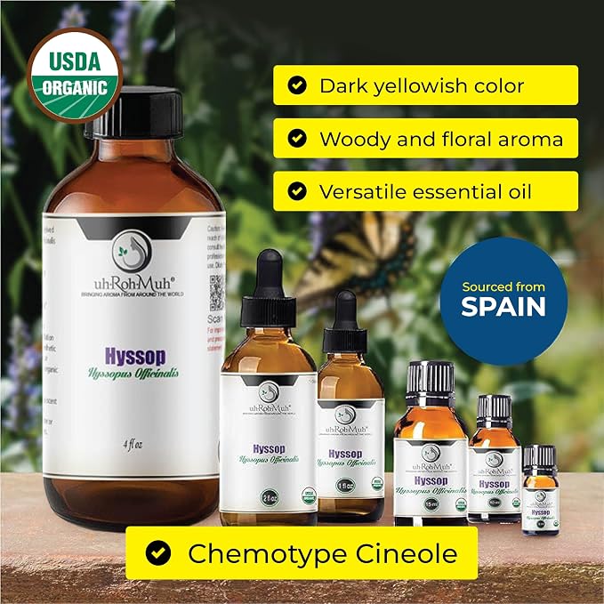 Organic Hyssop Essential Oil with Fresh Floral Scent, 100% Pure & Natural Essential Oil for Aromatherapy, Home Essential Diffuser Oil - USDA Certified Organic 5ml