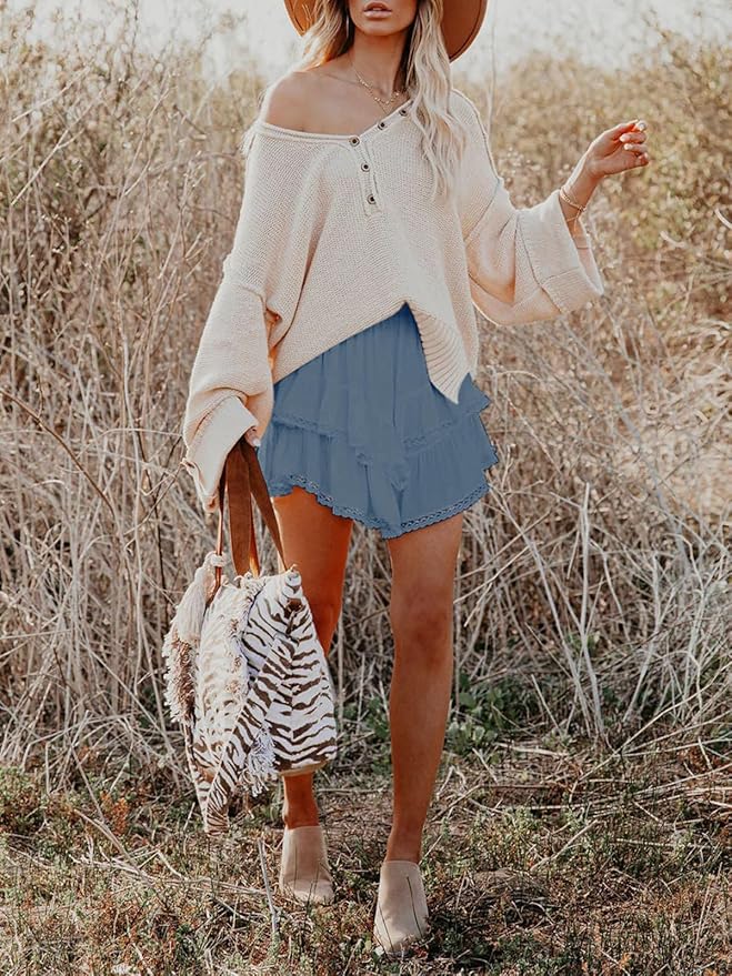 Flowy Shorts for Women Casual Boho Ruffle Tiered Skorts High Waist Mini Skirts Golf Tennis Crochet Shorts